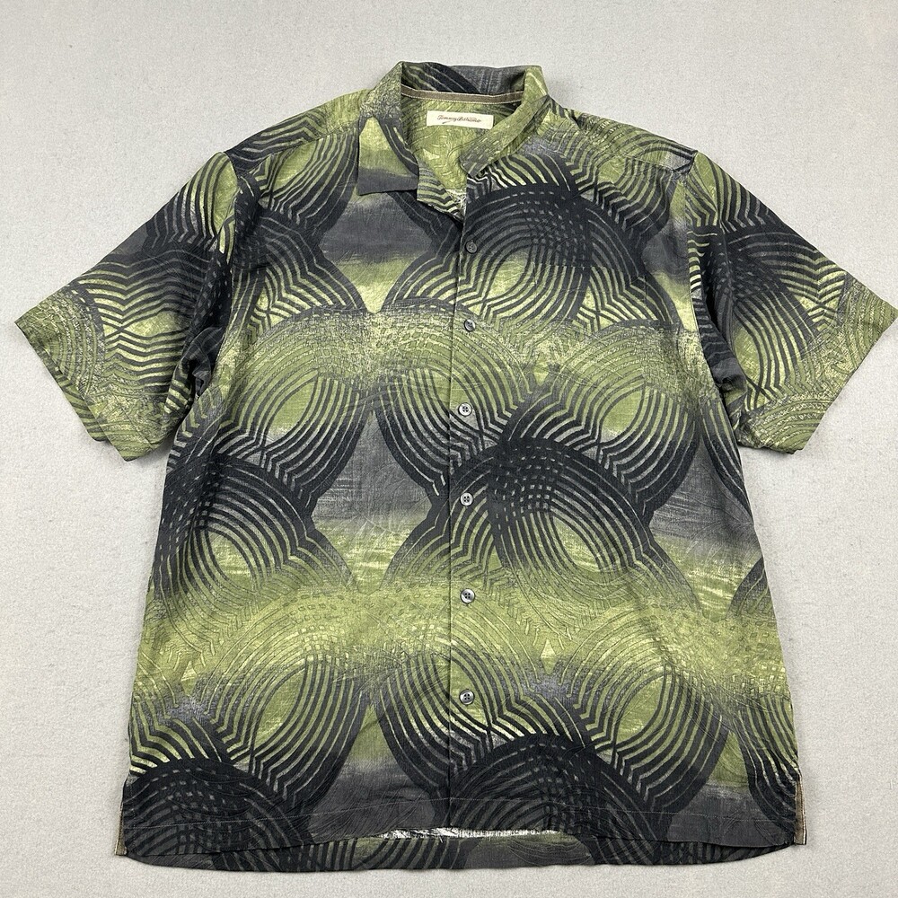 Tommy Bahama Shirt Men Large Green Abstract Geometric Button Up Silk Resort L
